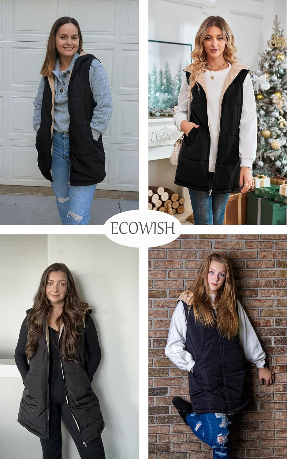Women Long Puffer Vest: Fall Zip up Reversible Fleece Jacket 2023 Winter Warm Sleeveless Hooded Coat with Pockets