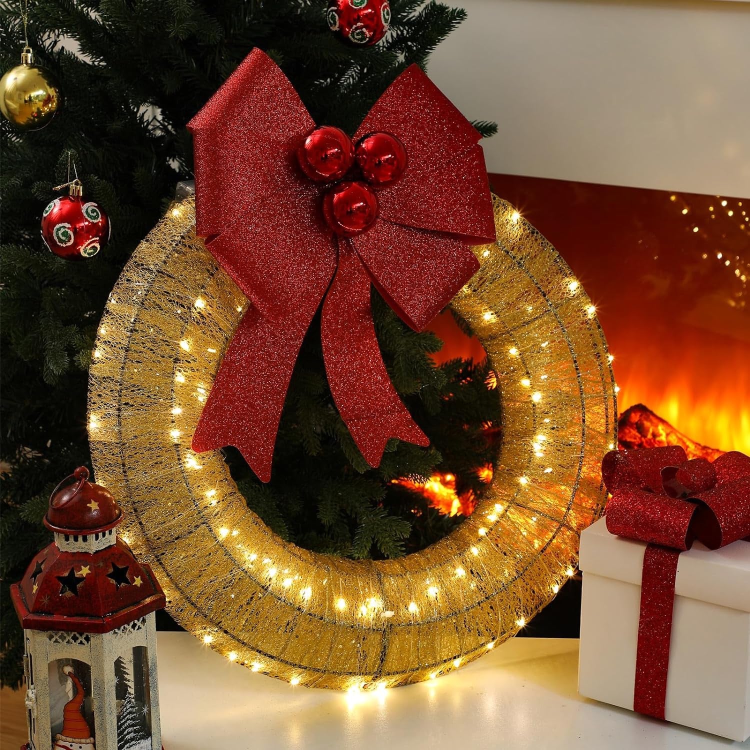 Lighted Christmas Wreath 19 Inch Champagne Christmas Holiday Decorative LED Tinsel Wreath Battery Operated Glittering Xmas Outdoor Window Wreaths for Christmas Indoor Home Door Decoration