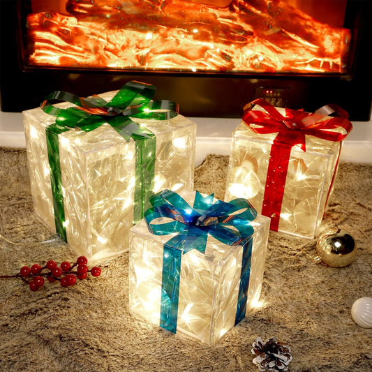 Set of 3 Lighted Gift Boxes Christmas Decorations, 60 LED Transparent Lighted Boxes, Christmas Home Gift Box Decorations