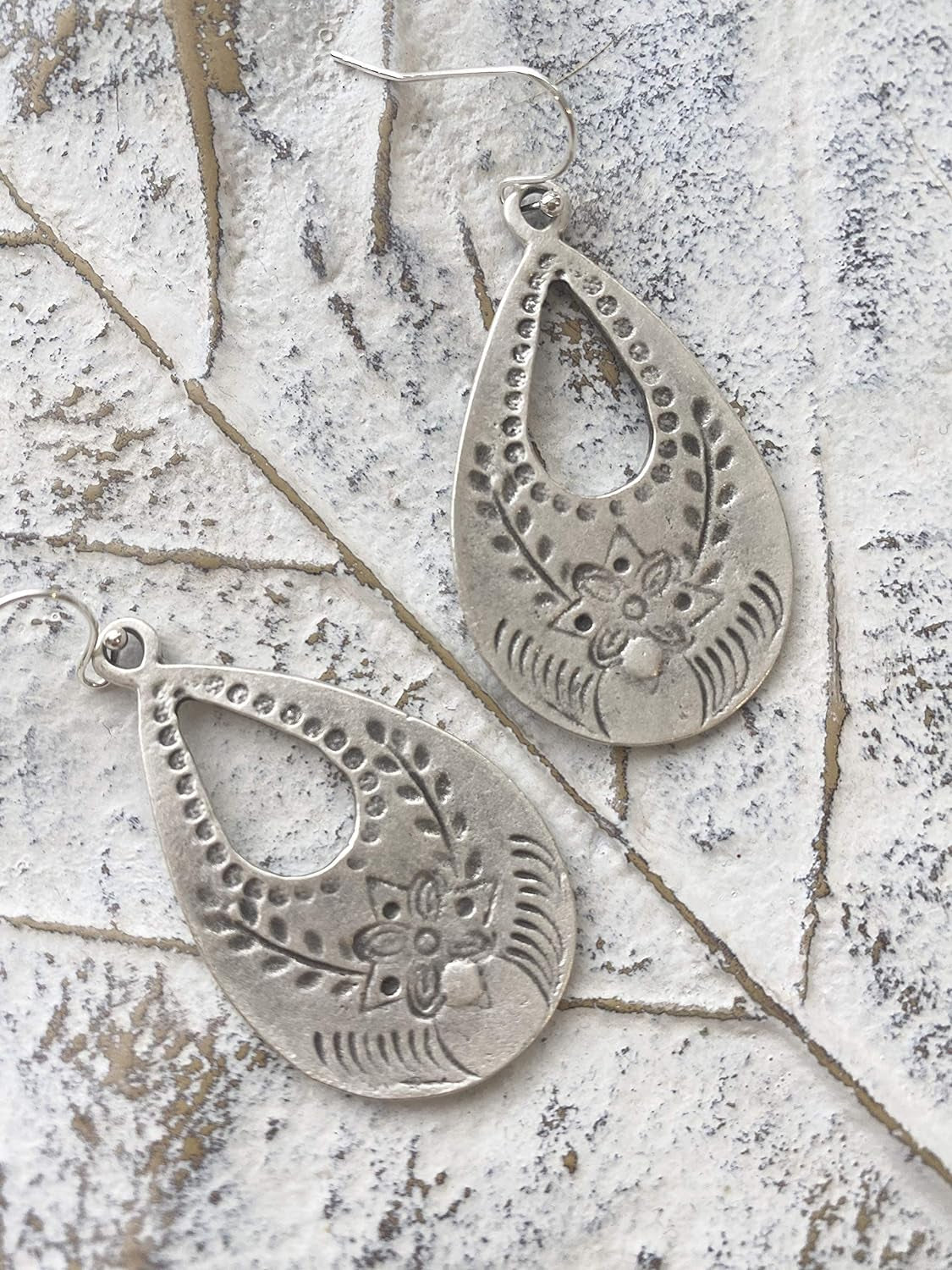 Antique Silver Floral Stamp Teardrop on Sterling Silver Earrings Boho Women Handmade