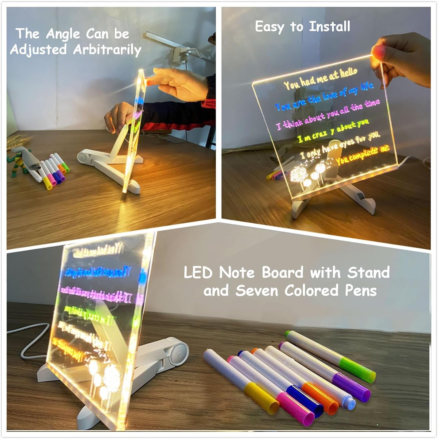LED Note Board with Colors, Acrylic Dry Erase Board with Light, Acrylic LED Writing Board, Light up Dry Erase Board with Stand as a Glow Memo Letter Message Board Note Glass White Board
